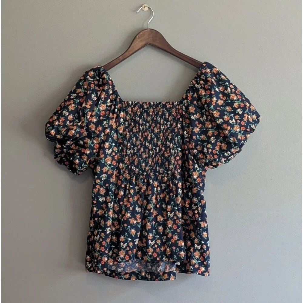Old Navy Womens XL Puff Sleeve Smocked Babydoll Top Navy Orange Floral Blouse
